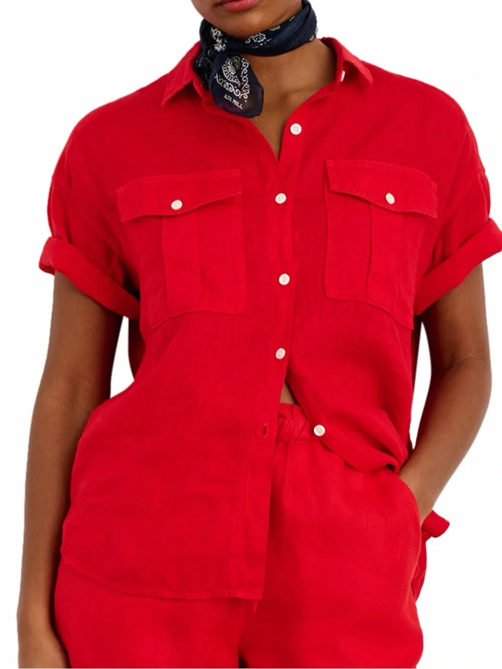 Alex Mill Women’s Wash & Go 100% Linen Utility Shirt Shortsleeve in Red XL
